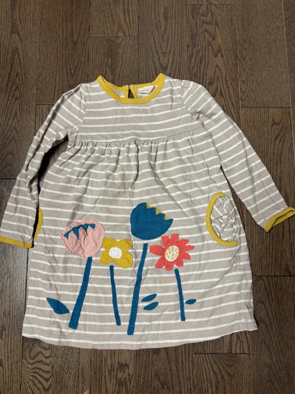 Mini Boden Taupe and White Striped Dress with Mustard Neck Trim size 4/5